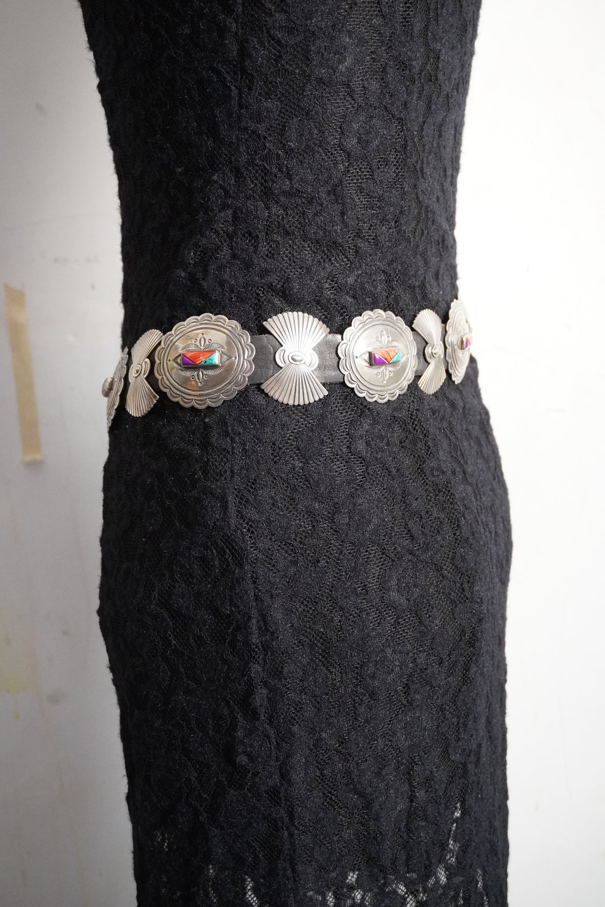 Native Made Natural Stone Trio Hand Stamped Sterling Silver Bow & Concho Belt