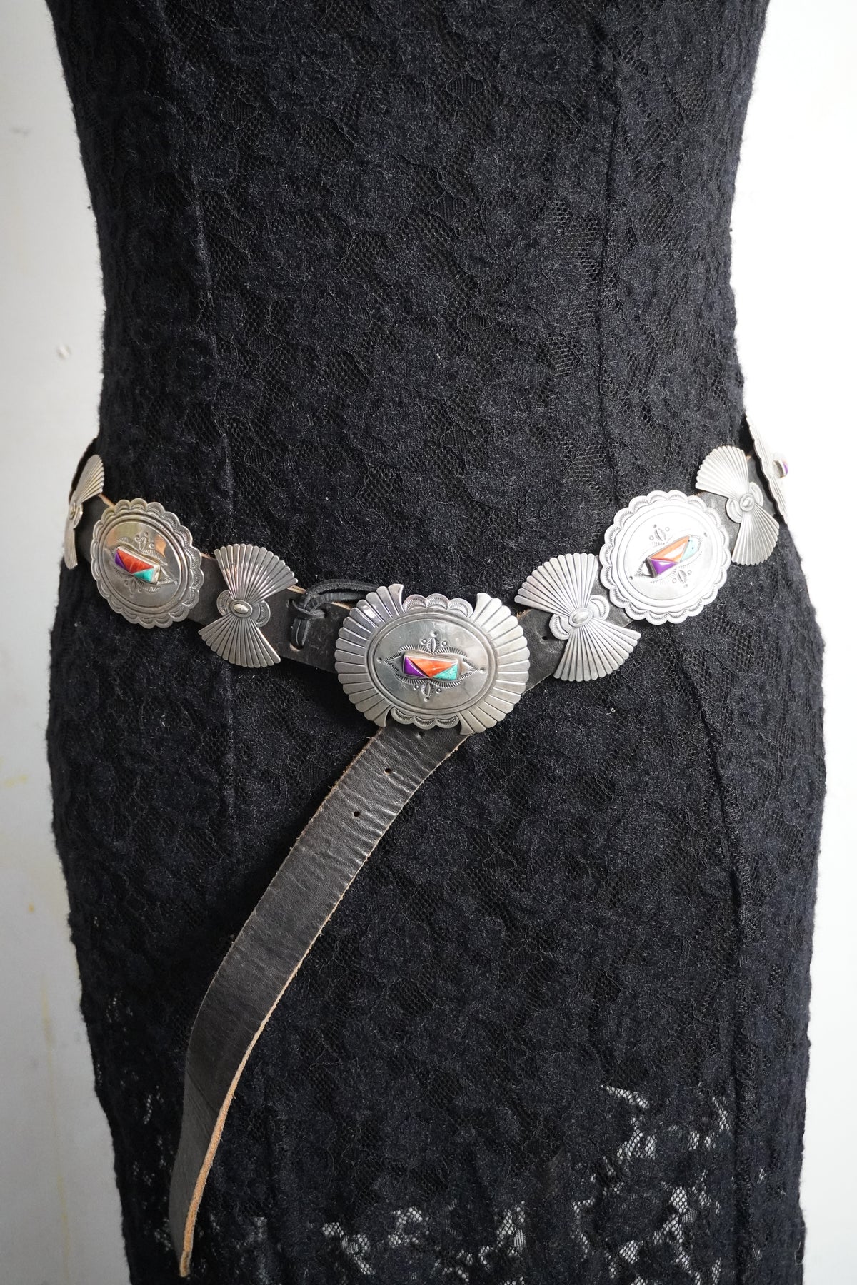 Native Made Natural Stone Trio Hand Stamped Sterling Silver Bow & Concho Belt