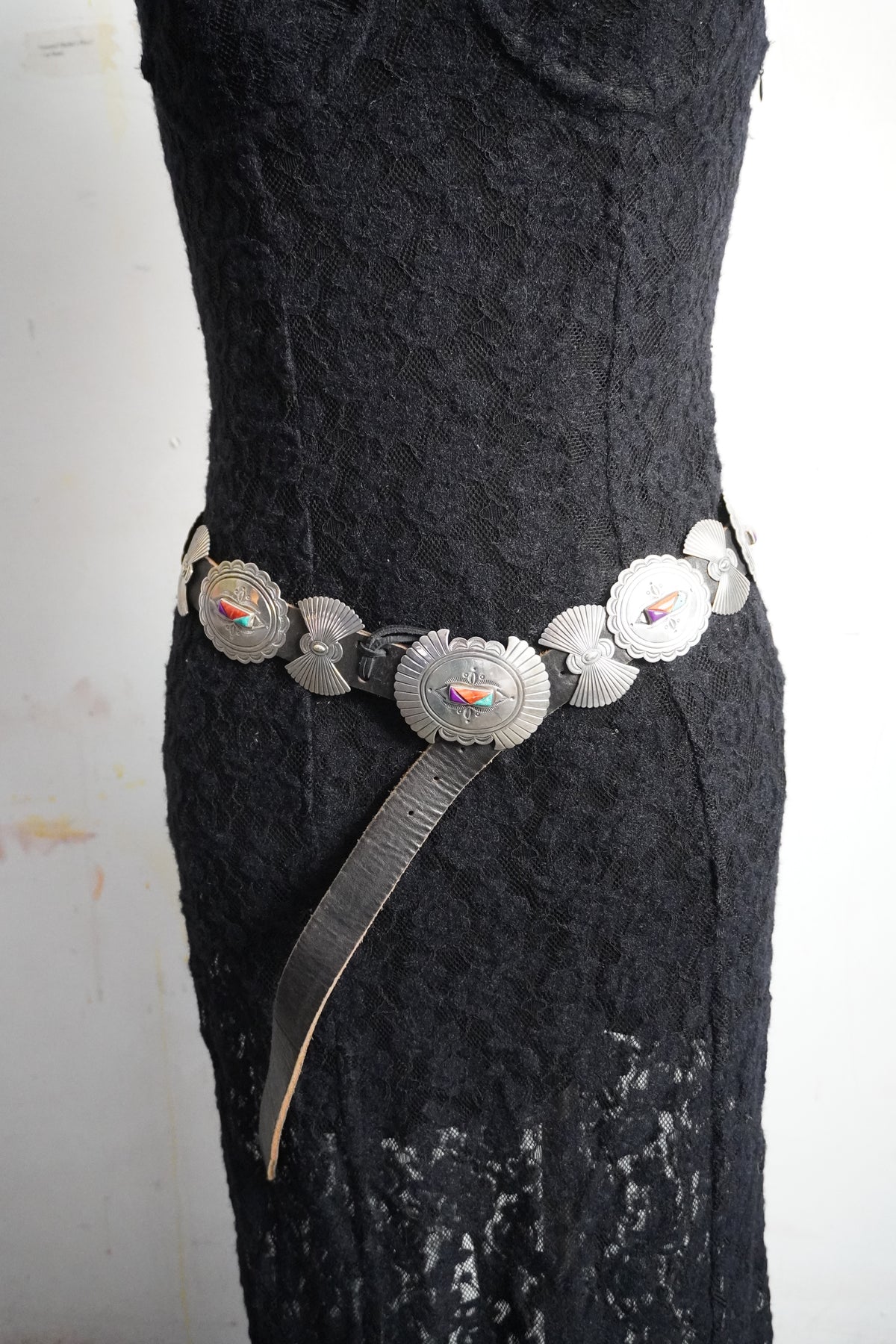Native Made Natural Stone Trio Hand Stamped Sterling Silver Bow & Concho Belt