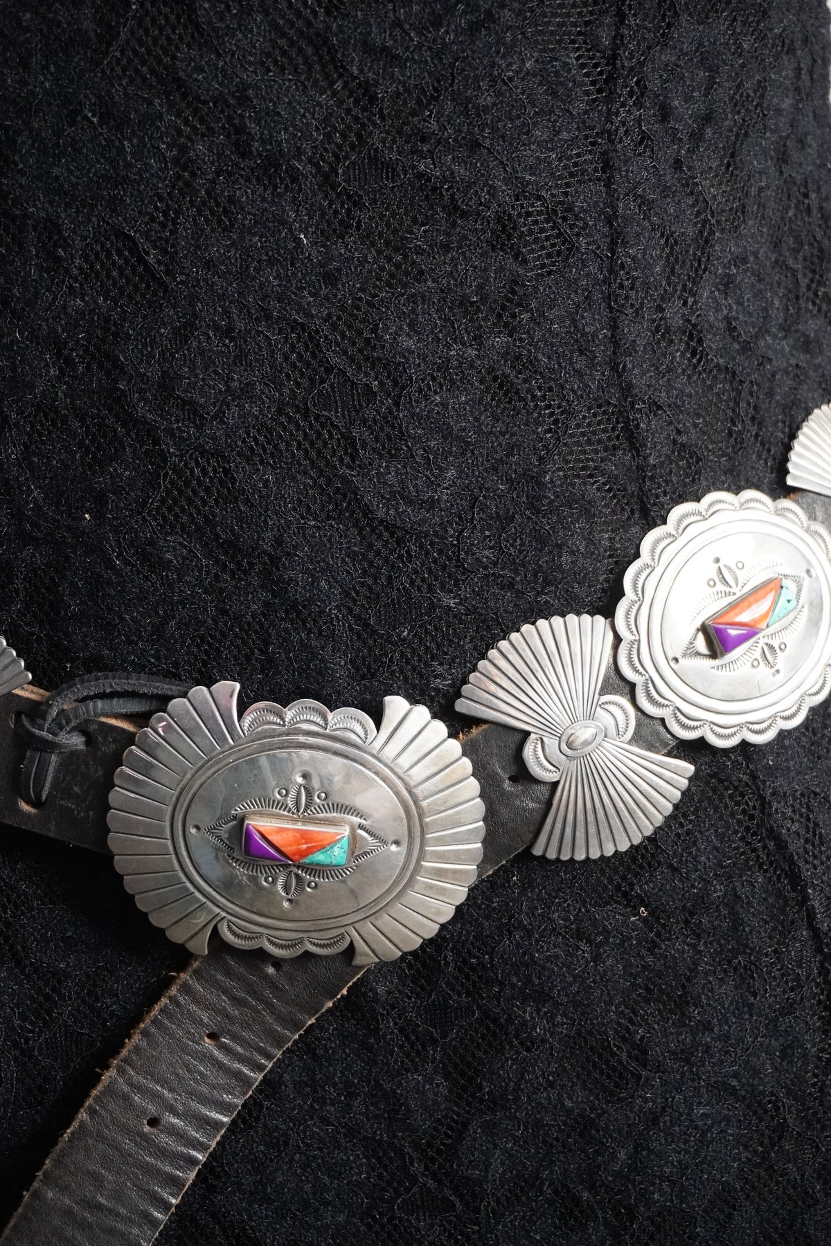 Native Made Natural Stone Trio Hand Stamped Sterling Silver Bow & Concho Belt