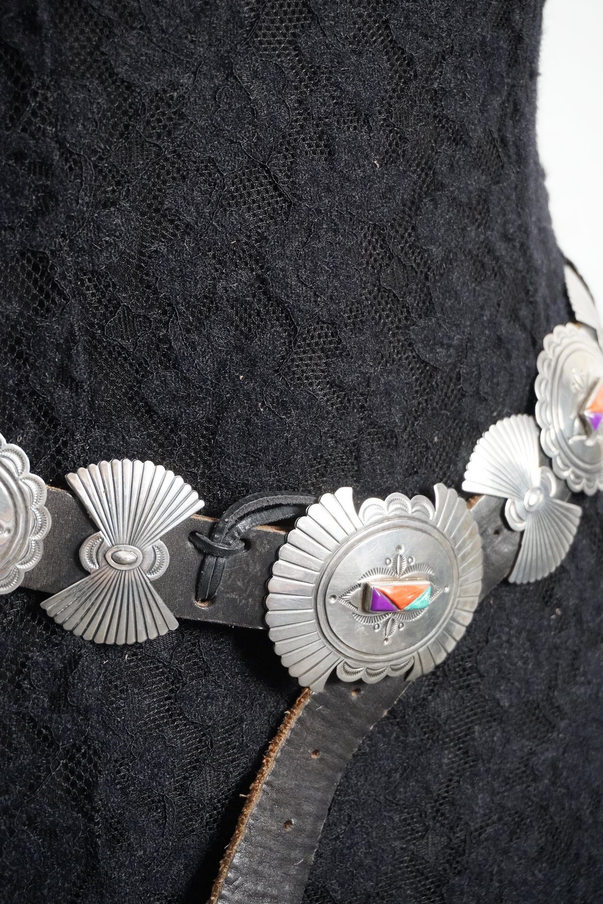 Native Made Natural Stone Trio Hand Stamped Sterling Silver Bow & Concho Belt