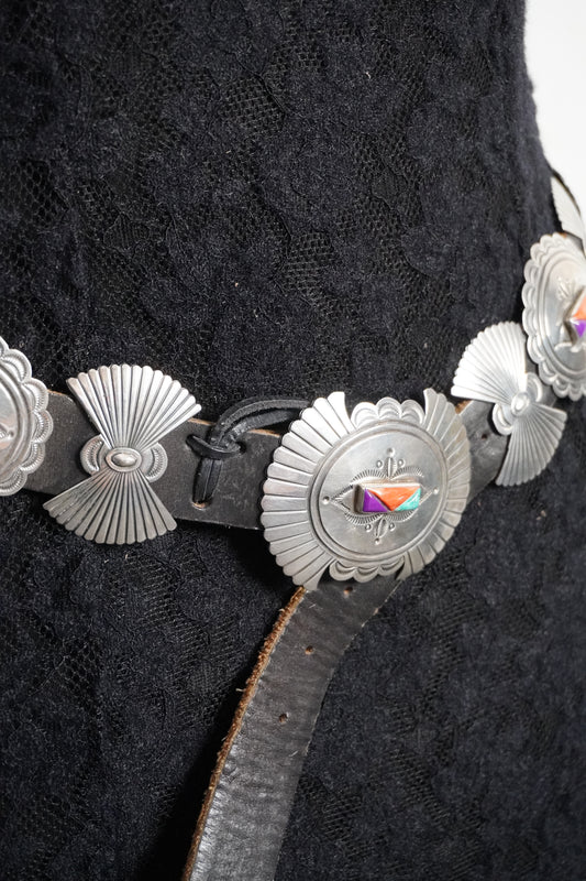 Native Made Natural Stone Trio Hand Stamped Sterling Silver Bow & Concho Belt