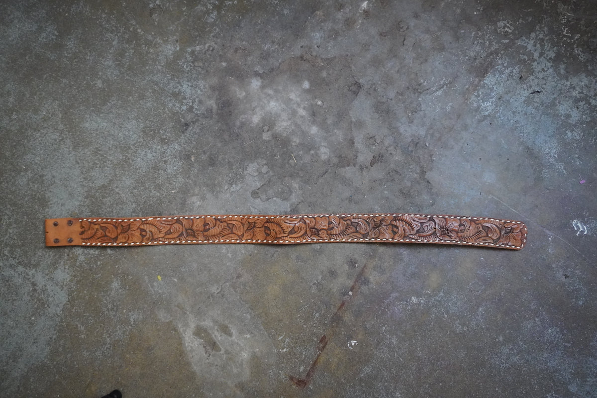 Hand Tooled Floral Belt Strap with White Edge Stitch Detail