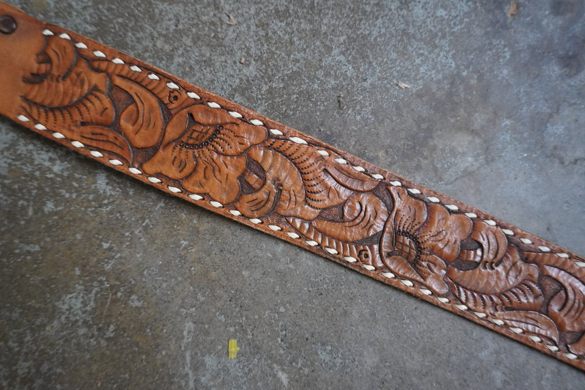 Hand Tooled Floral Belt Strap with White Edge Stitch Detail