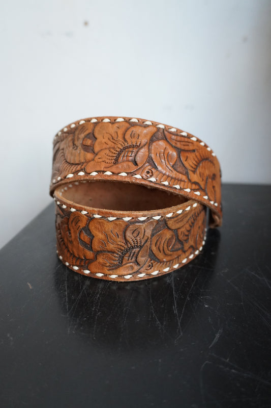 Hand Tooled Floral Belt Strap with White Edge Stitch Detail