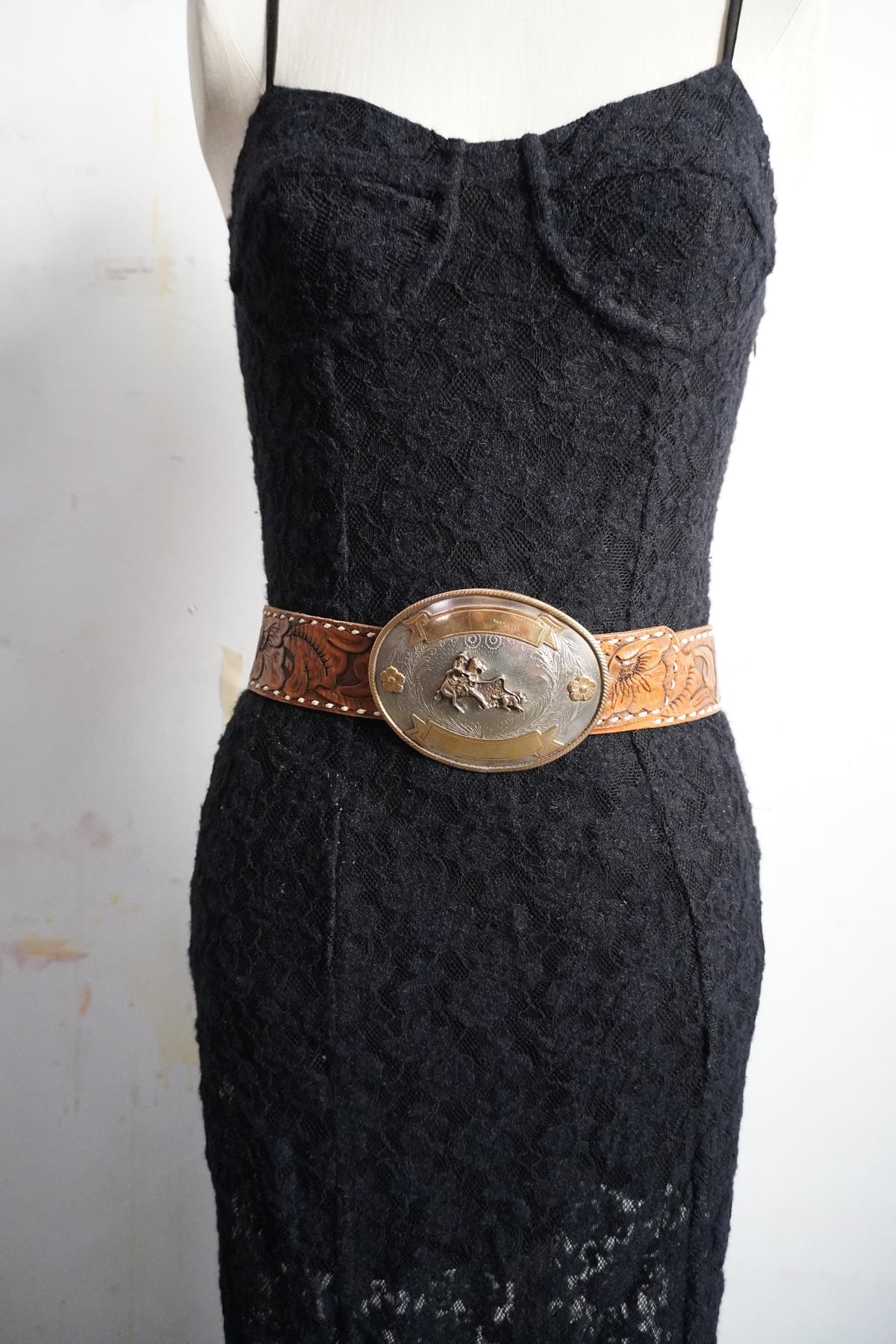 Hand Tooled Floral Belt Strap with White Edge Stitch Detail
