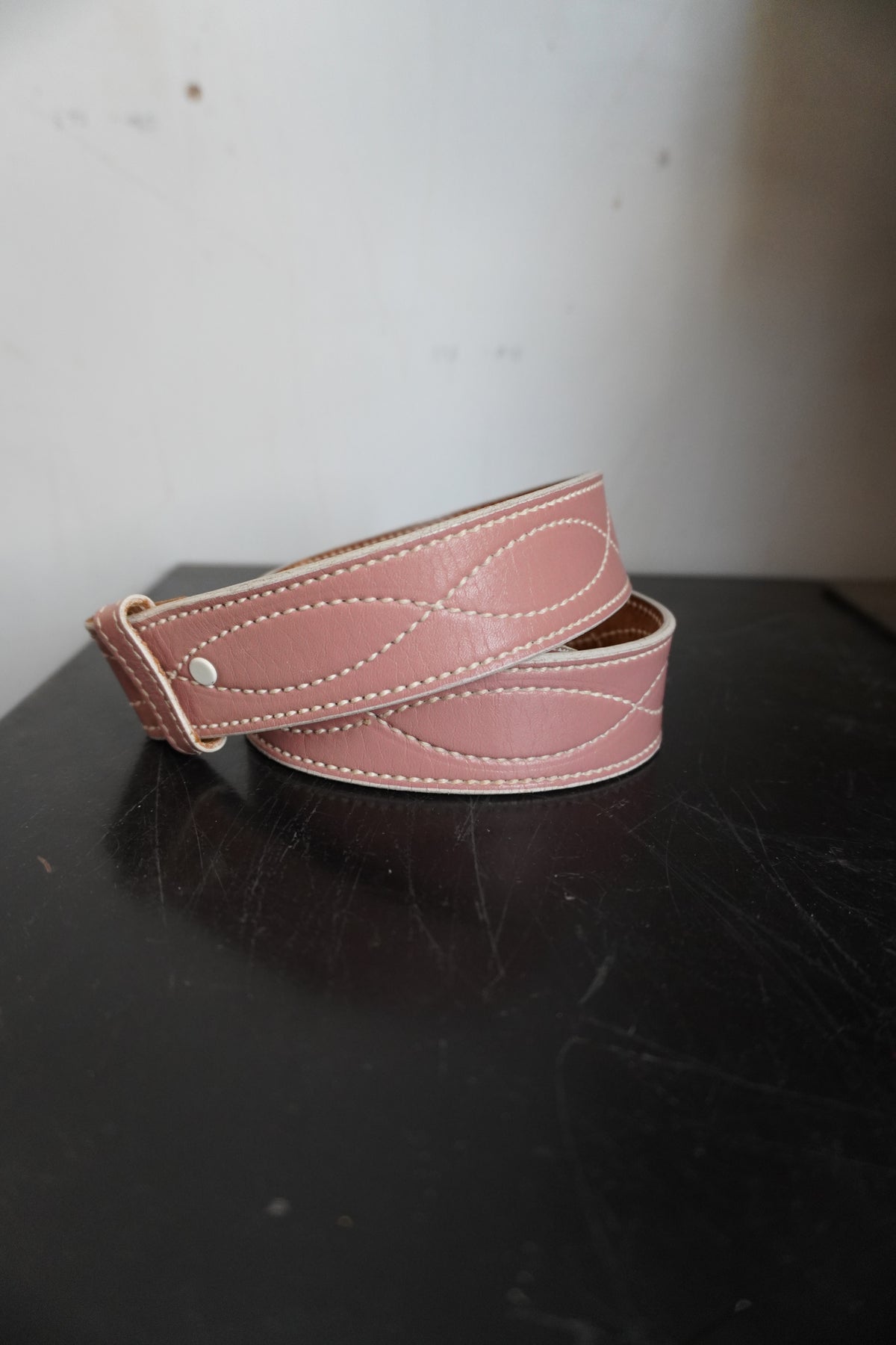 Handmade Pink Leather Belt Strap w/White Stitching