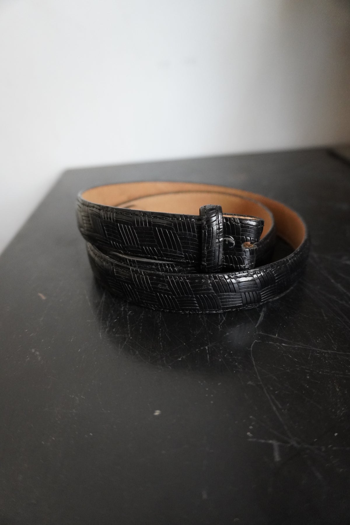 Embossed Black Skinny Belt Strap