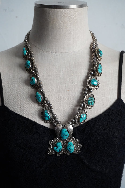 Turquoise Trio Mexican Silver Squash Blossom Necklace