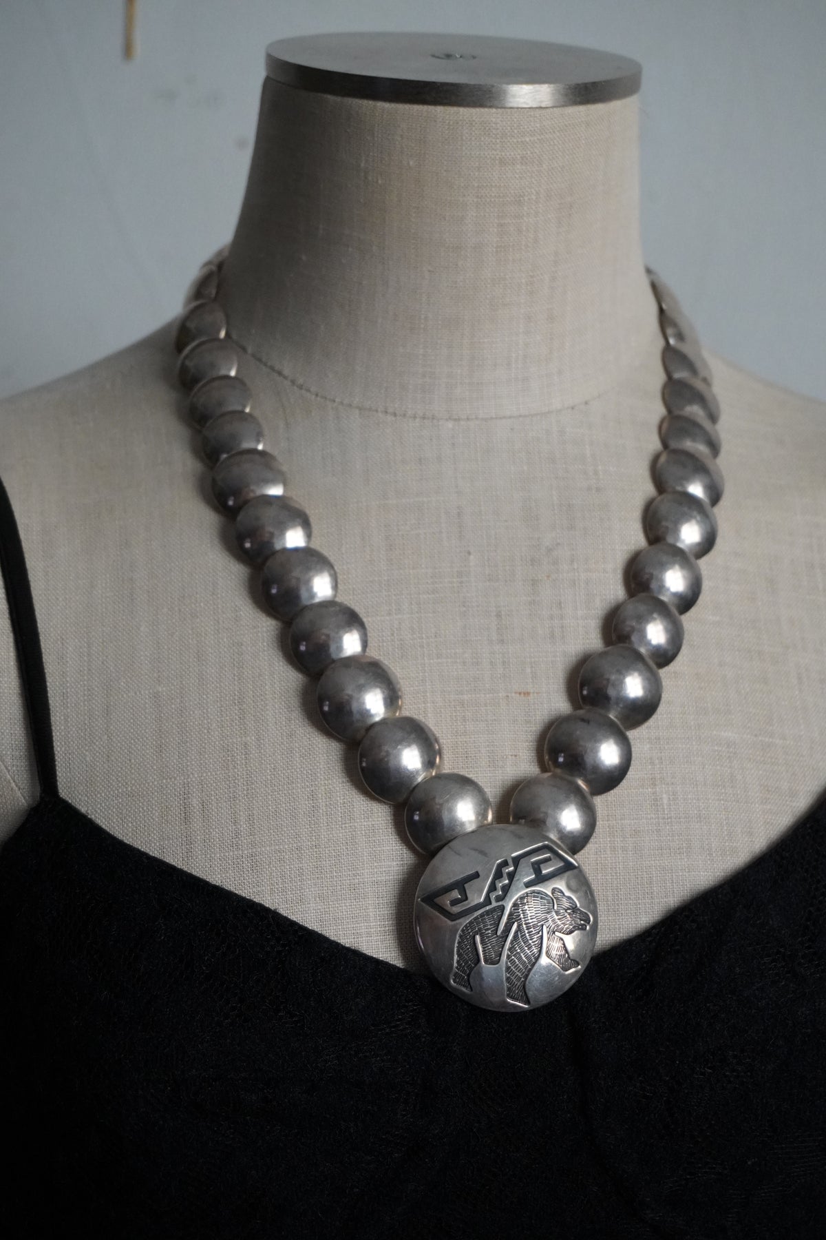 Vintage Navajo Reversible Sterling Turquoise Bear Disk Necklace