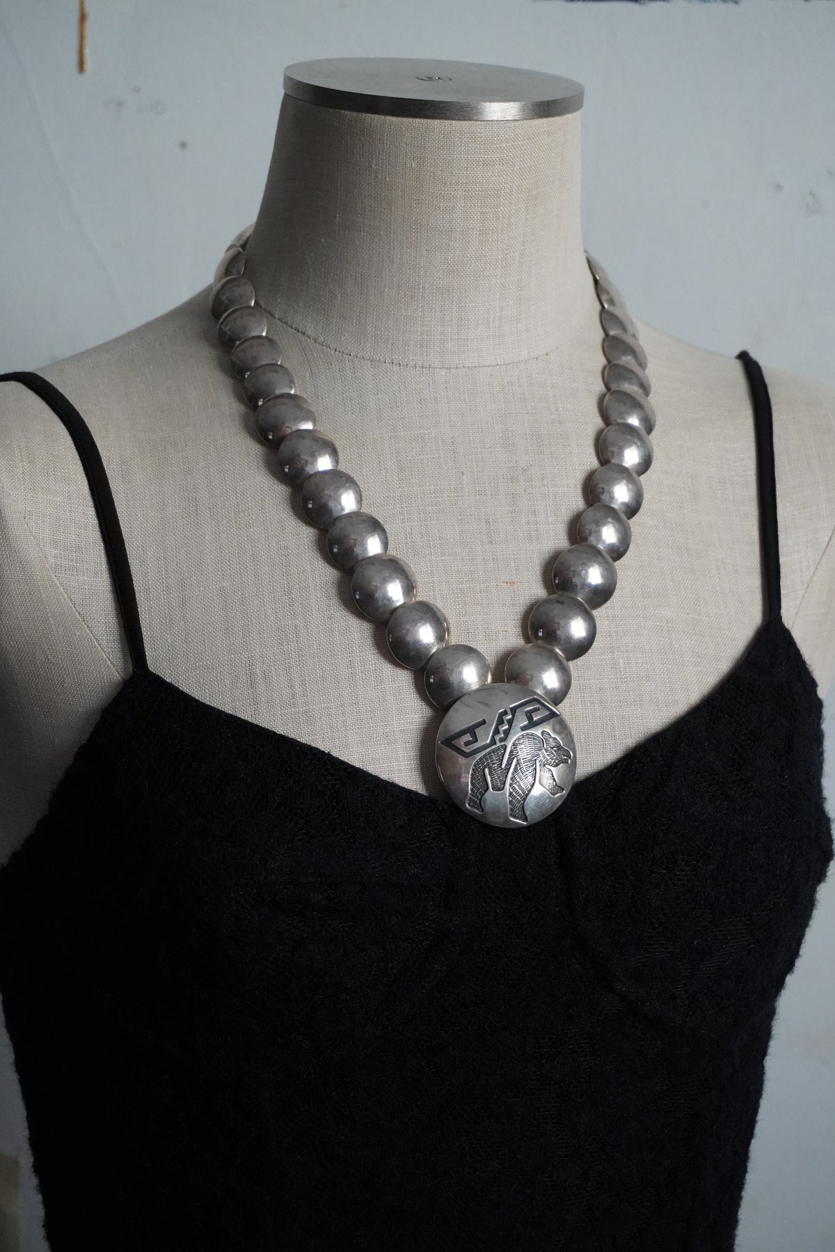 Vintage Navajo Reversible Sterling Turquoise Bear Disk Necklace