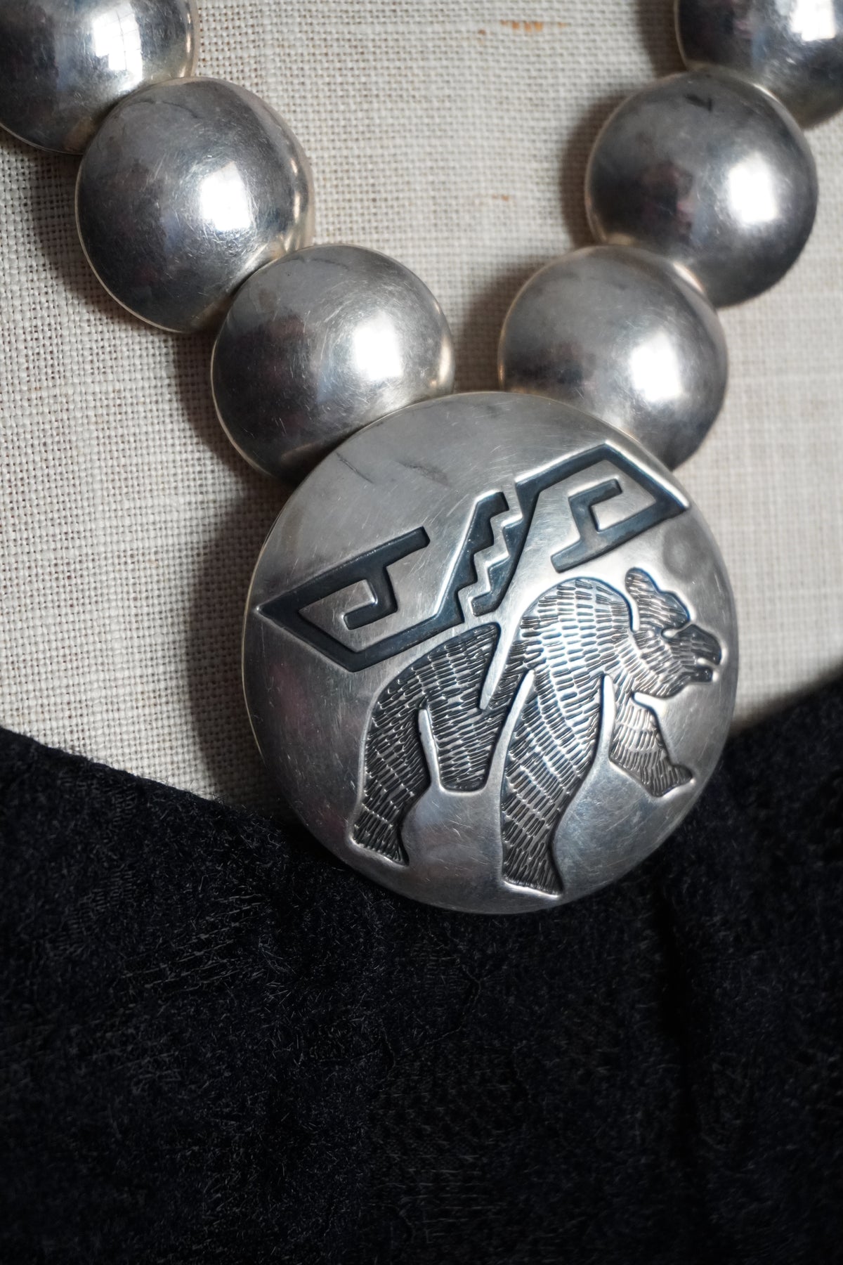 Vintage Navajo Reversible Sterling Turquoise Bear Disk Necklace