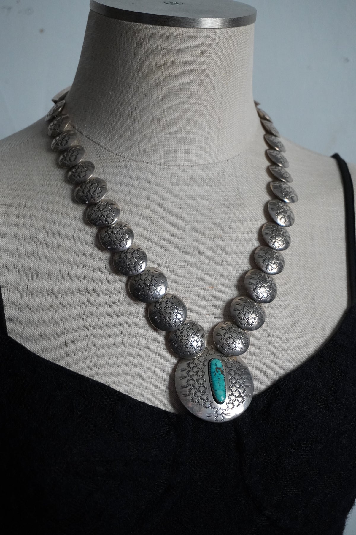 Vintage Navajo Reversible Sterling Turquoise Bear Disk Necklace