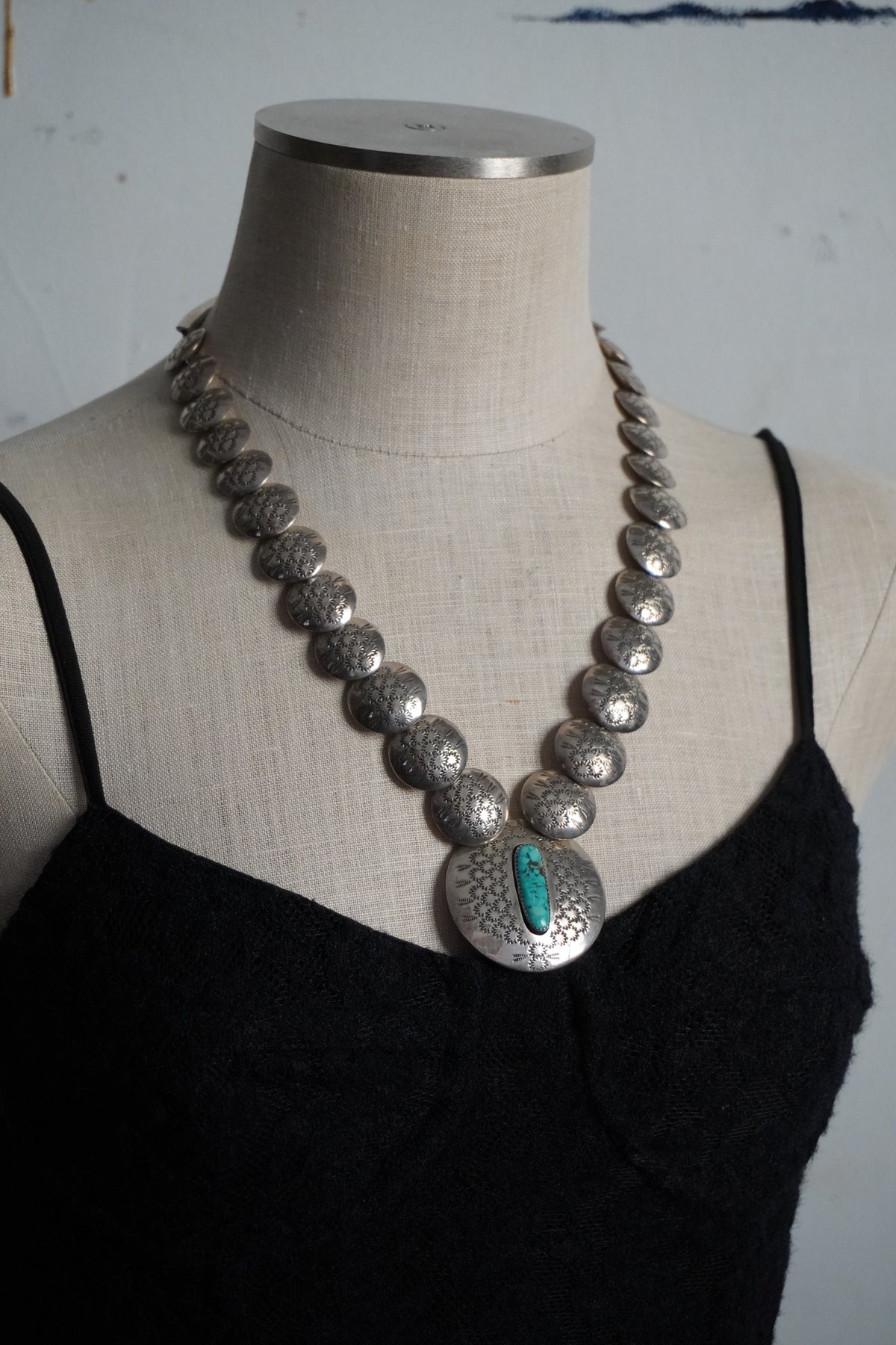 Vintage Navajo Reversible Sterling Turquoise Bear Disk Necklace