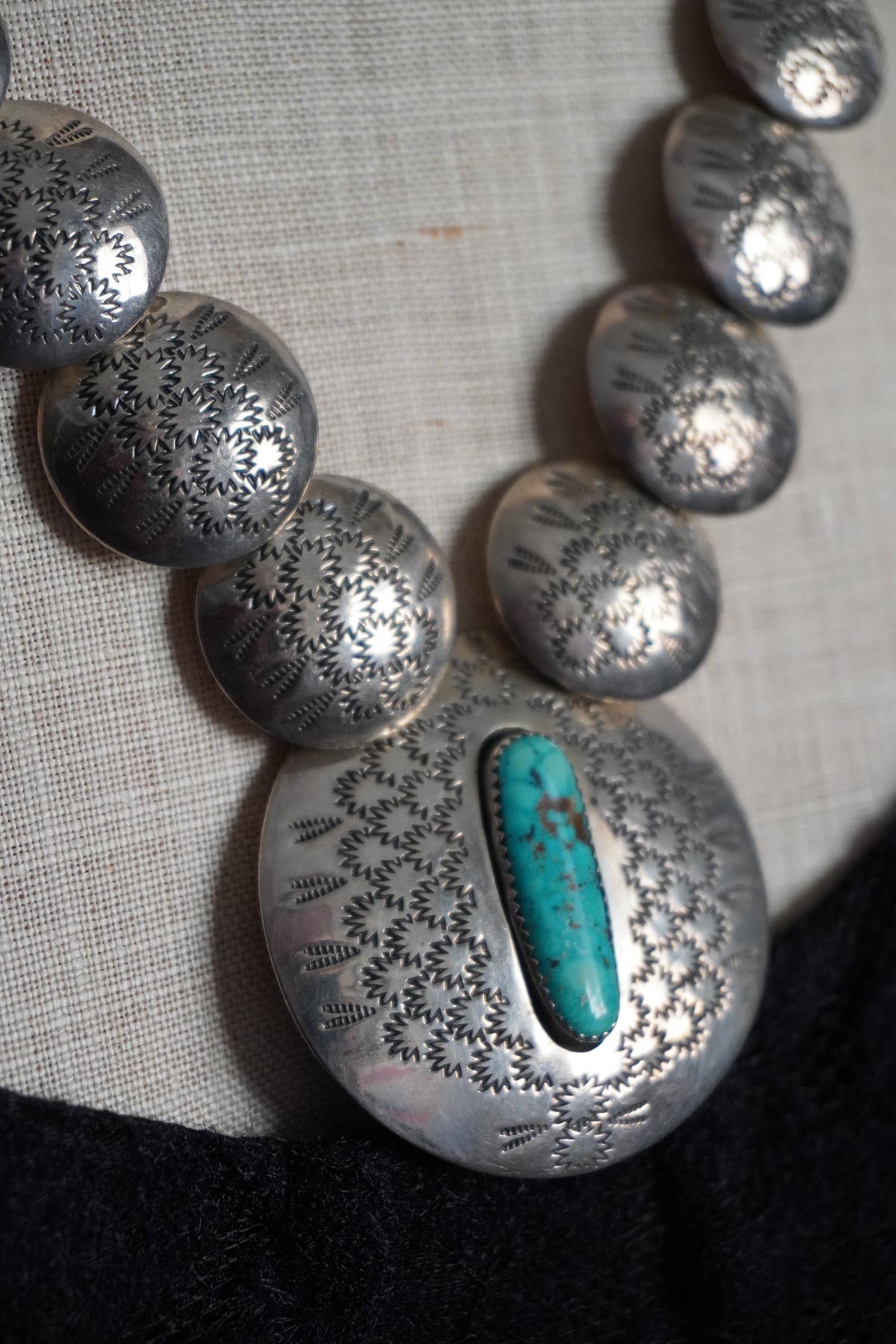 Vintage Navajo Reversible Sterling Turquoise Bear Disk Necklace