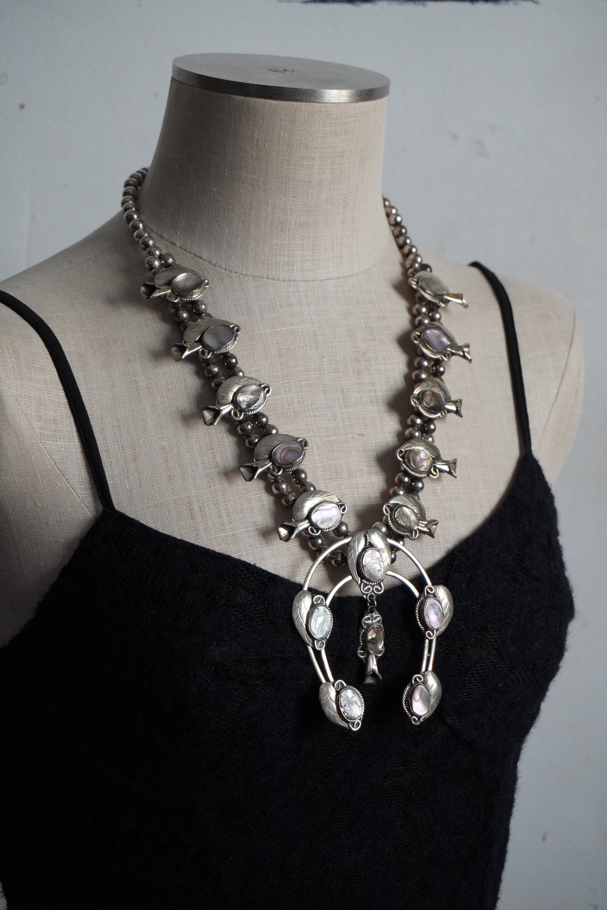 Abalone Mexican Silver Squash Blossom Necklace
