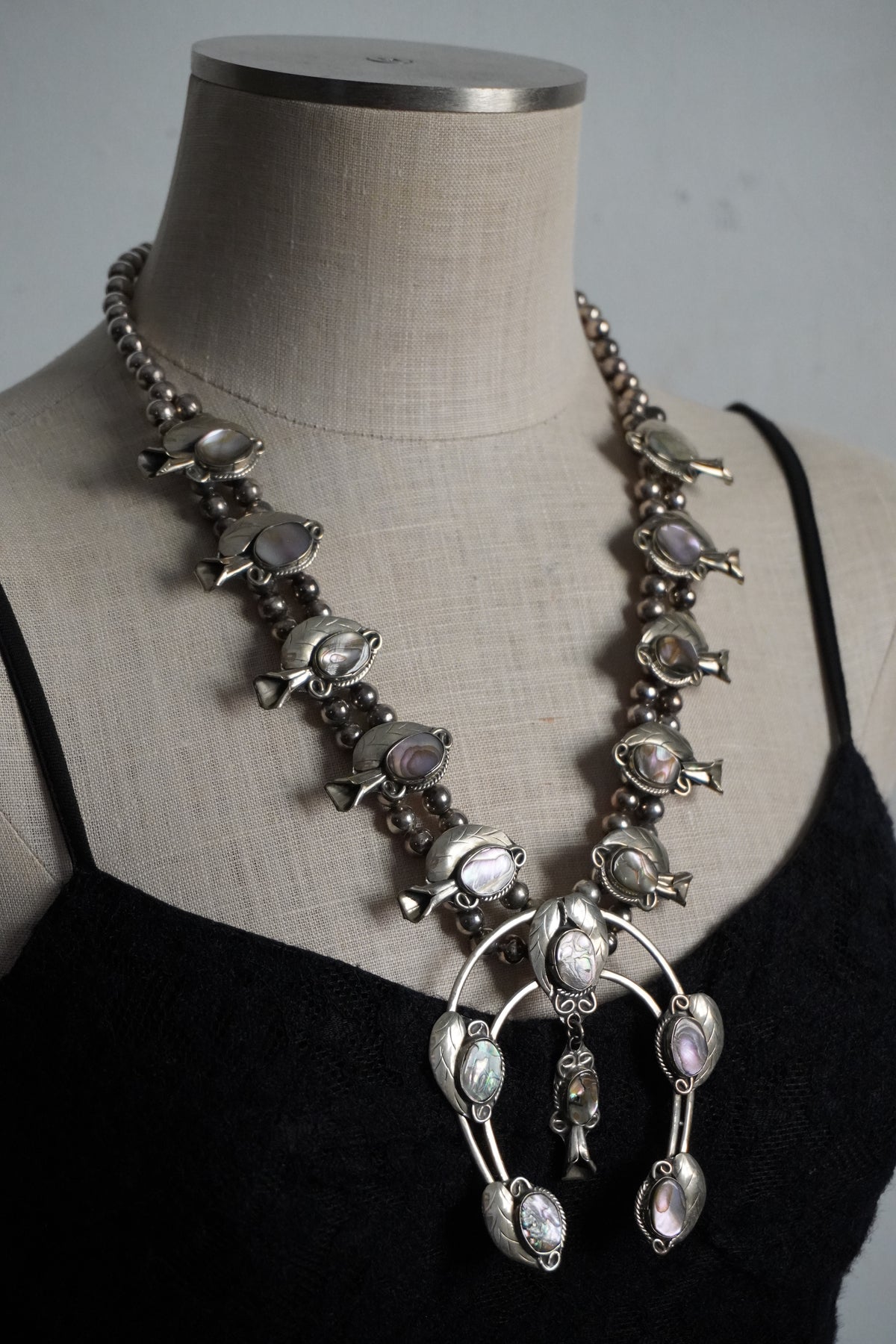 Abalone Mexican Silver Squash Blossom Necklace