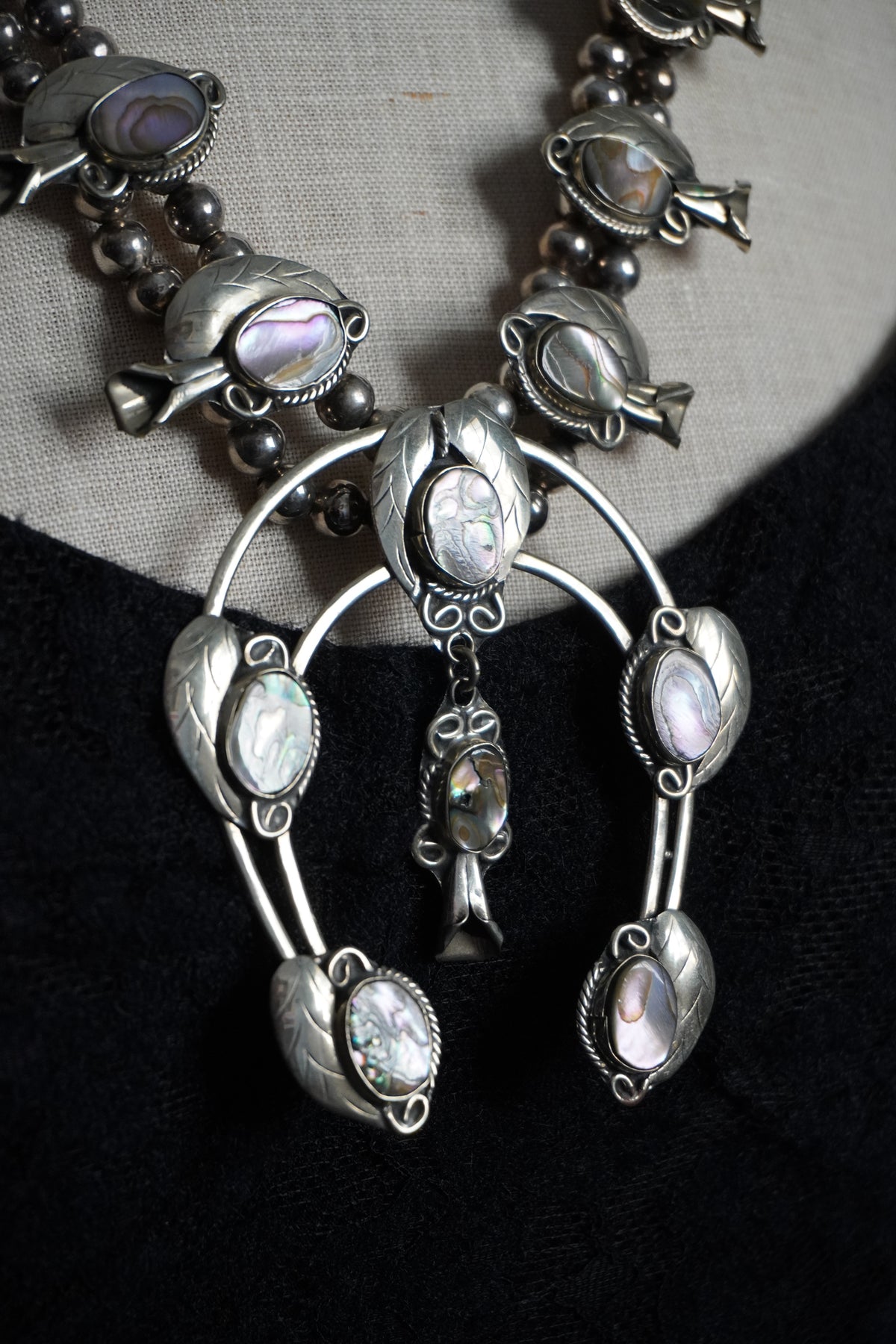 Abalone Mexican Silver Squash Blossom Necklace