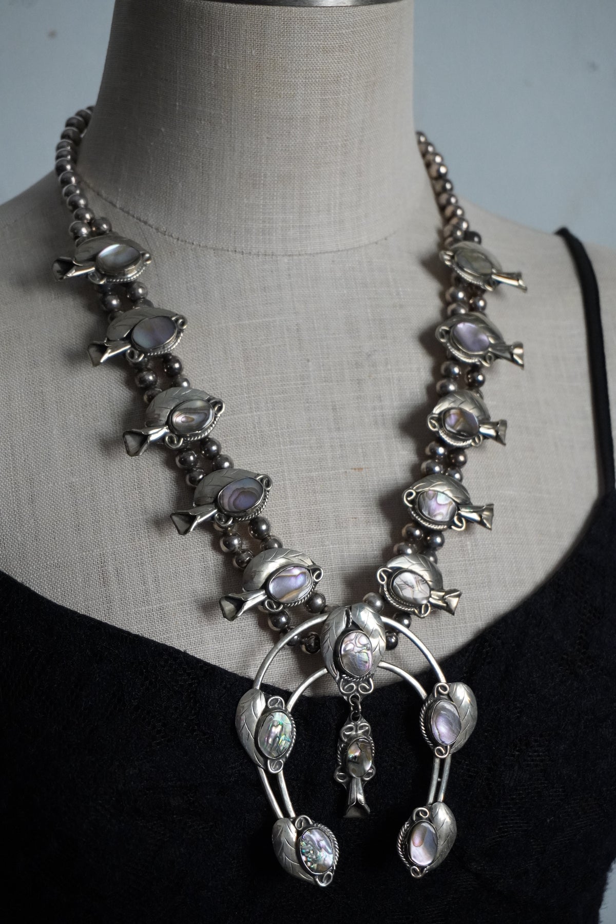 Abalone Mexican Silver Squash Blossom Necklace