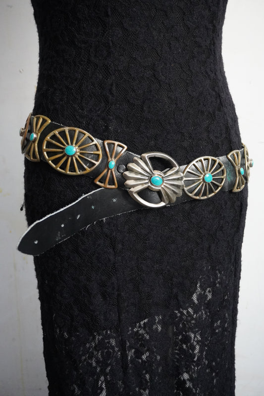 Sand Cast Turquoise Set Wagon Wheel Spine Concho Belt VLee