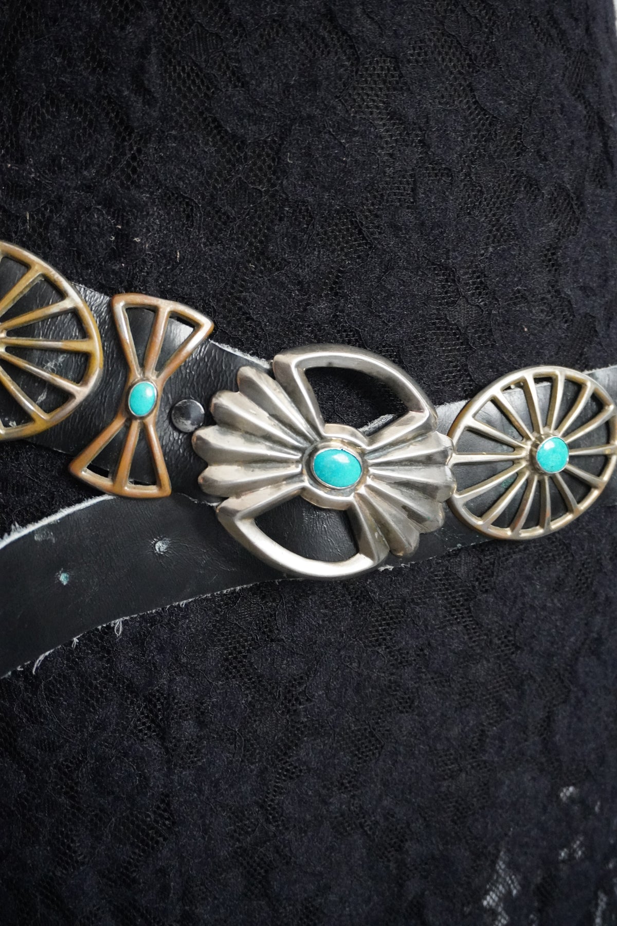 Sand Cast Turquoise Set Wagon Wheel Spine Concho Belt VLee