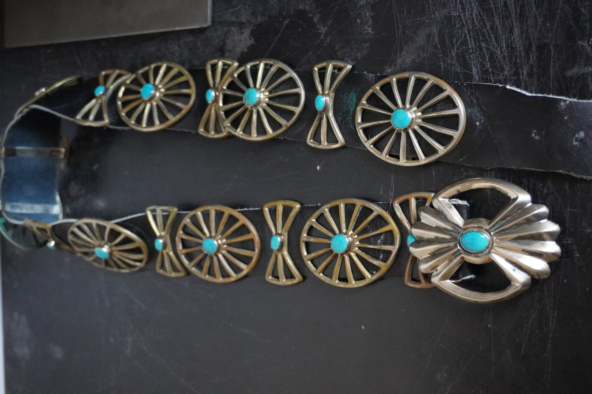 Sand Cast Turquoise Set Wagon Wheel Spine Concho Belt VLee