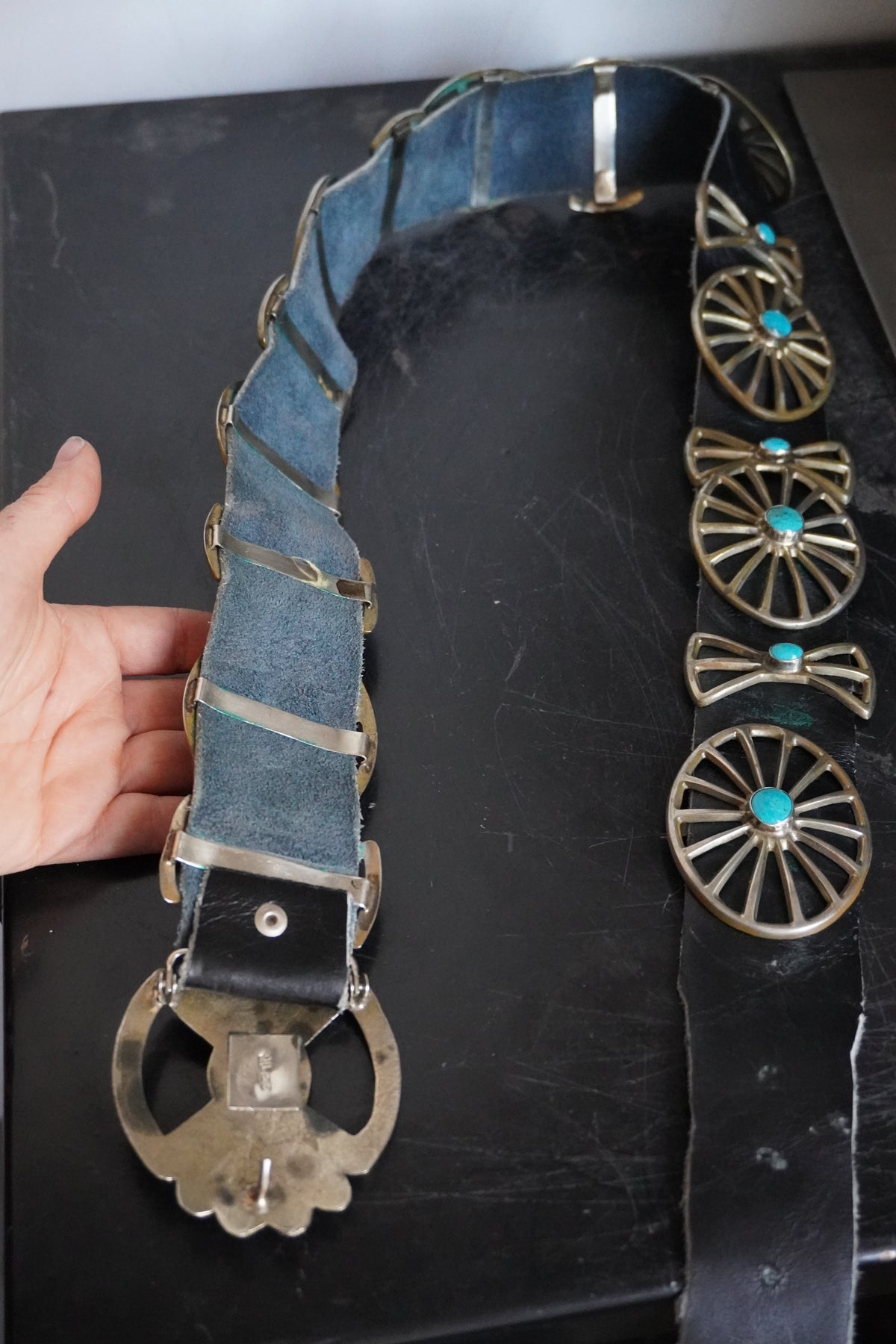 Sand Cast Turquoise Set Wagon Wheel Spine Concho Belt VLee