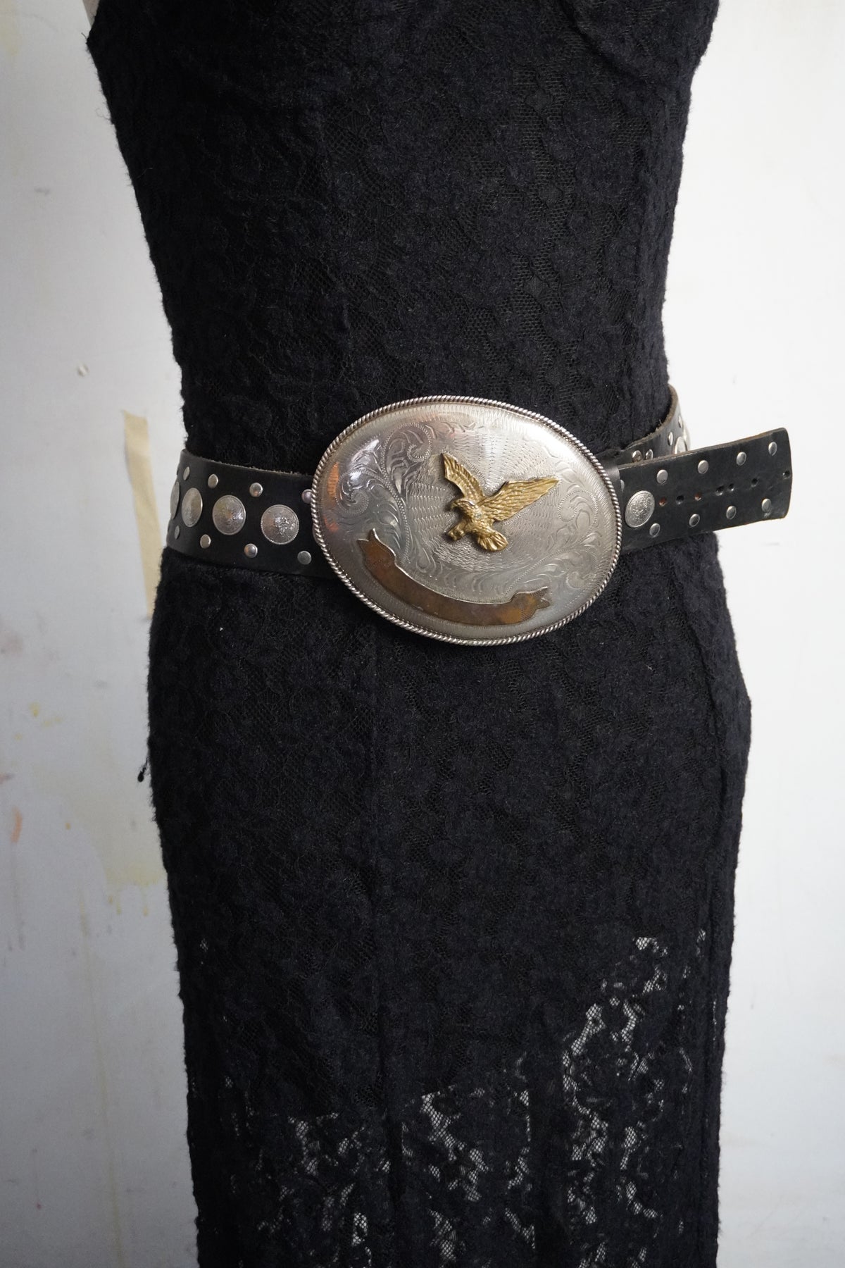 MENDED Small Concho Embellished Thick Black Belt Strap