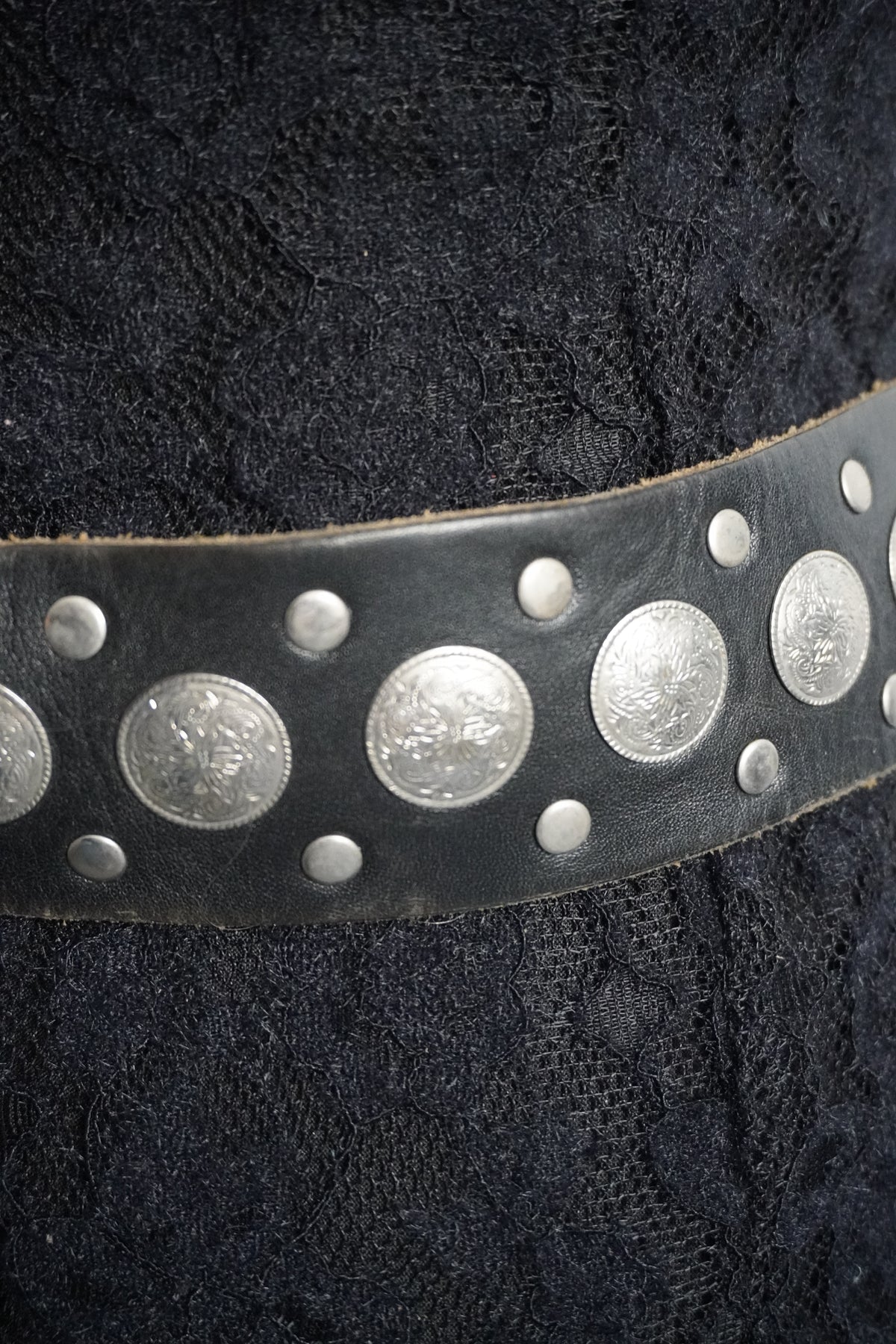 MENDED Small Concho Embellished Thick Black Belt Strap