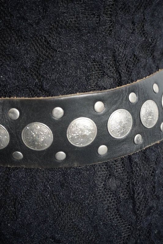 MENDED Small Concho Embellished Thick Black Belt Strap