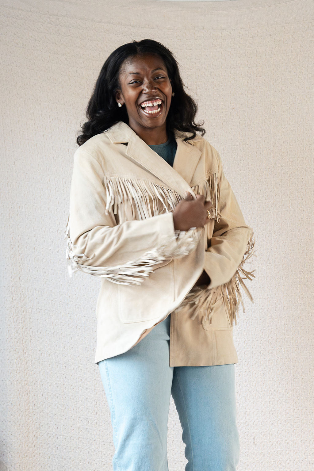 1980's Cream Suede Blazer Fringe Jacket