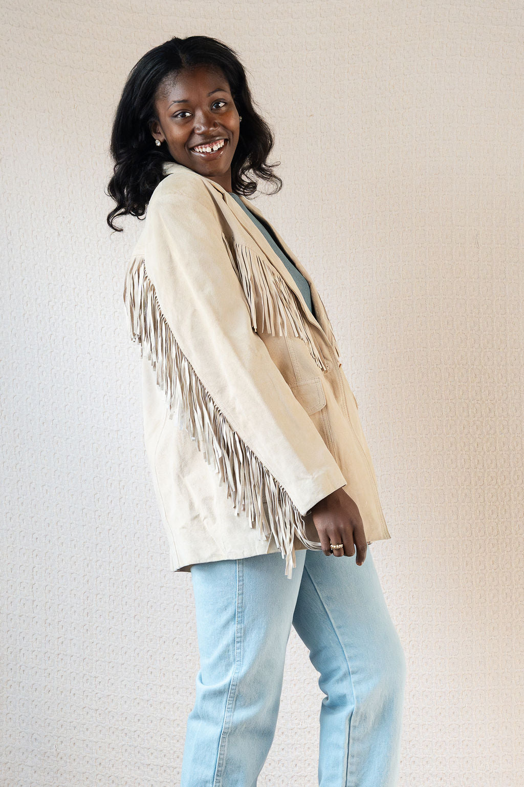 1980's Cream Suede Blazer Fringe Jacket