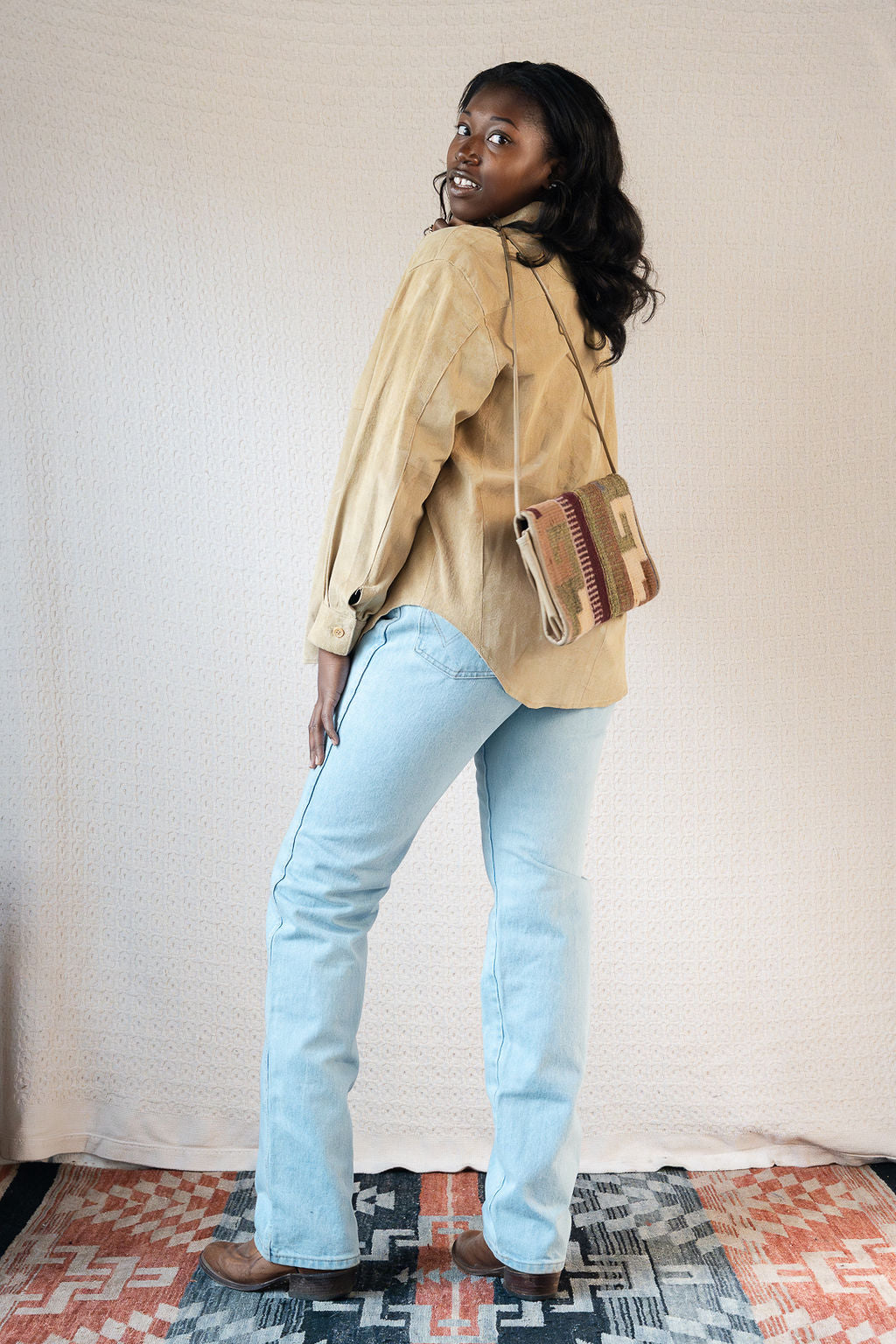 Cream Leather & Wool Rug Flap Bag