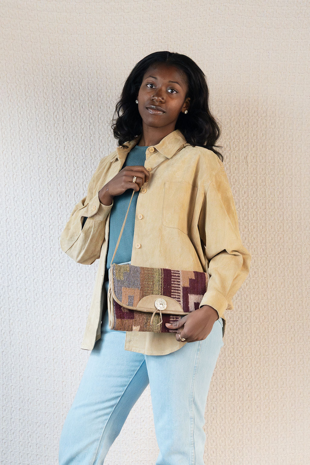 Cream Leather & Wool Rug Flap Bag