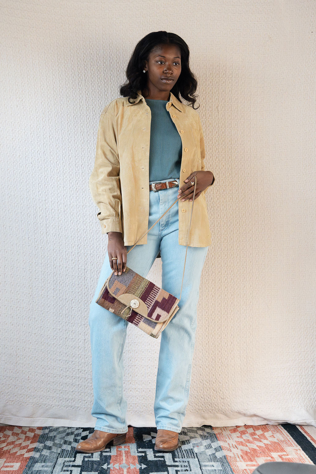 Cream Leather & Wool Rug Flap Bag