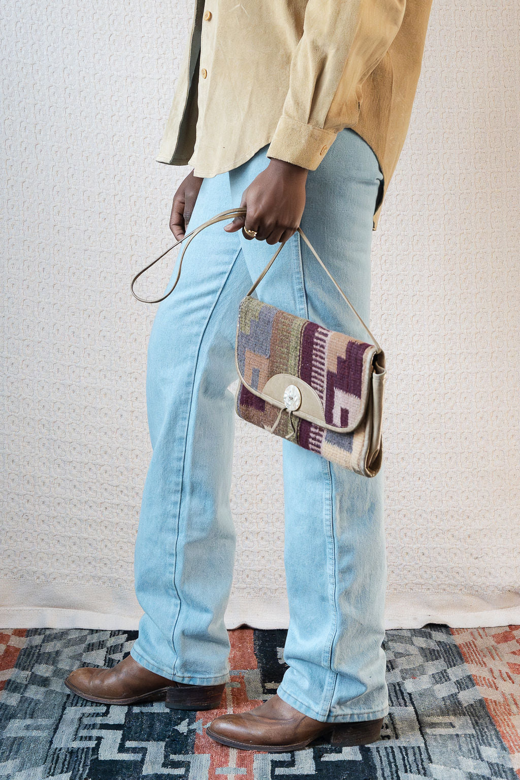 Cream Leather & Wool Rug Flap Bag