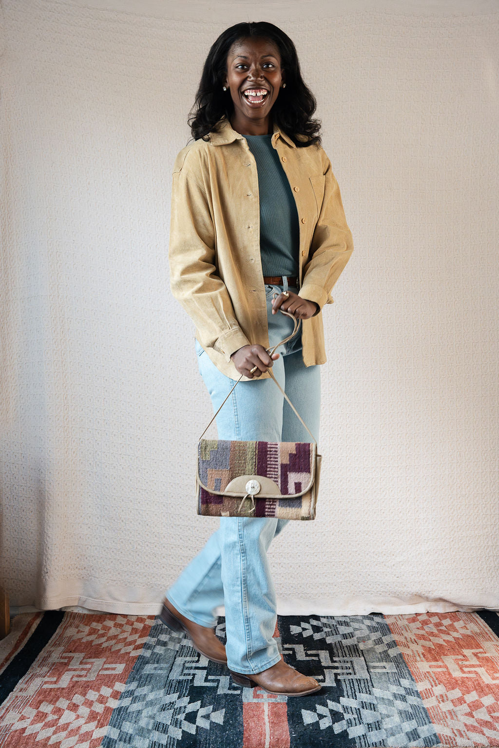 Cream Leather & Wool Rug Flap Bag