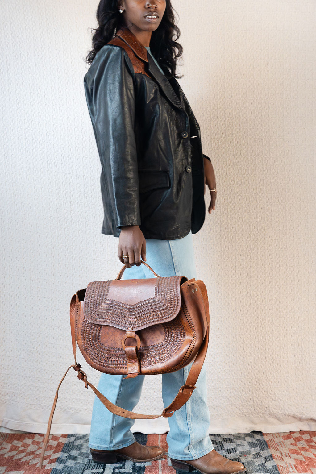 Oversized Tooled Flap Top Bag