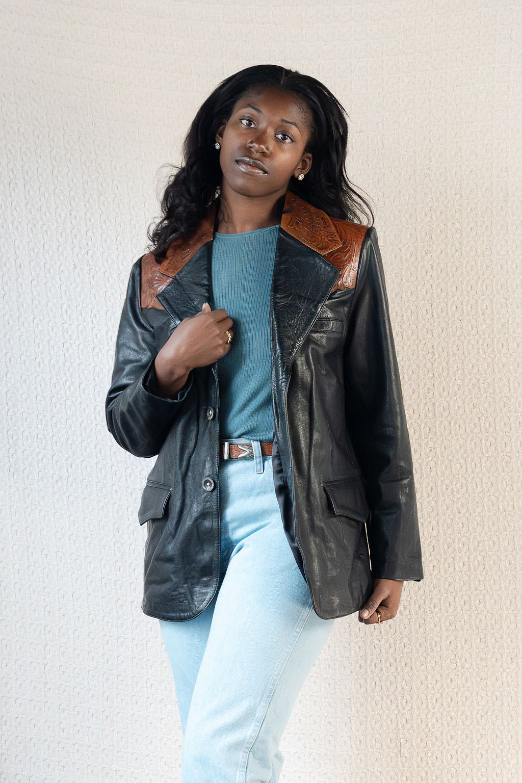 Tooled Leather Western Yoke Leather Blazer