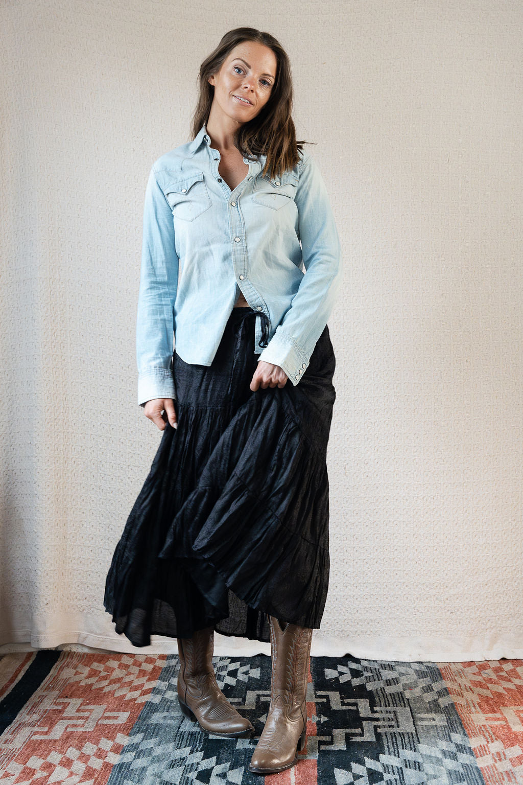 Tiered Western Skirt in Black Floral Print