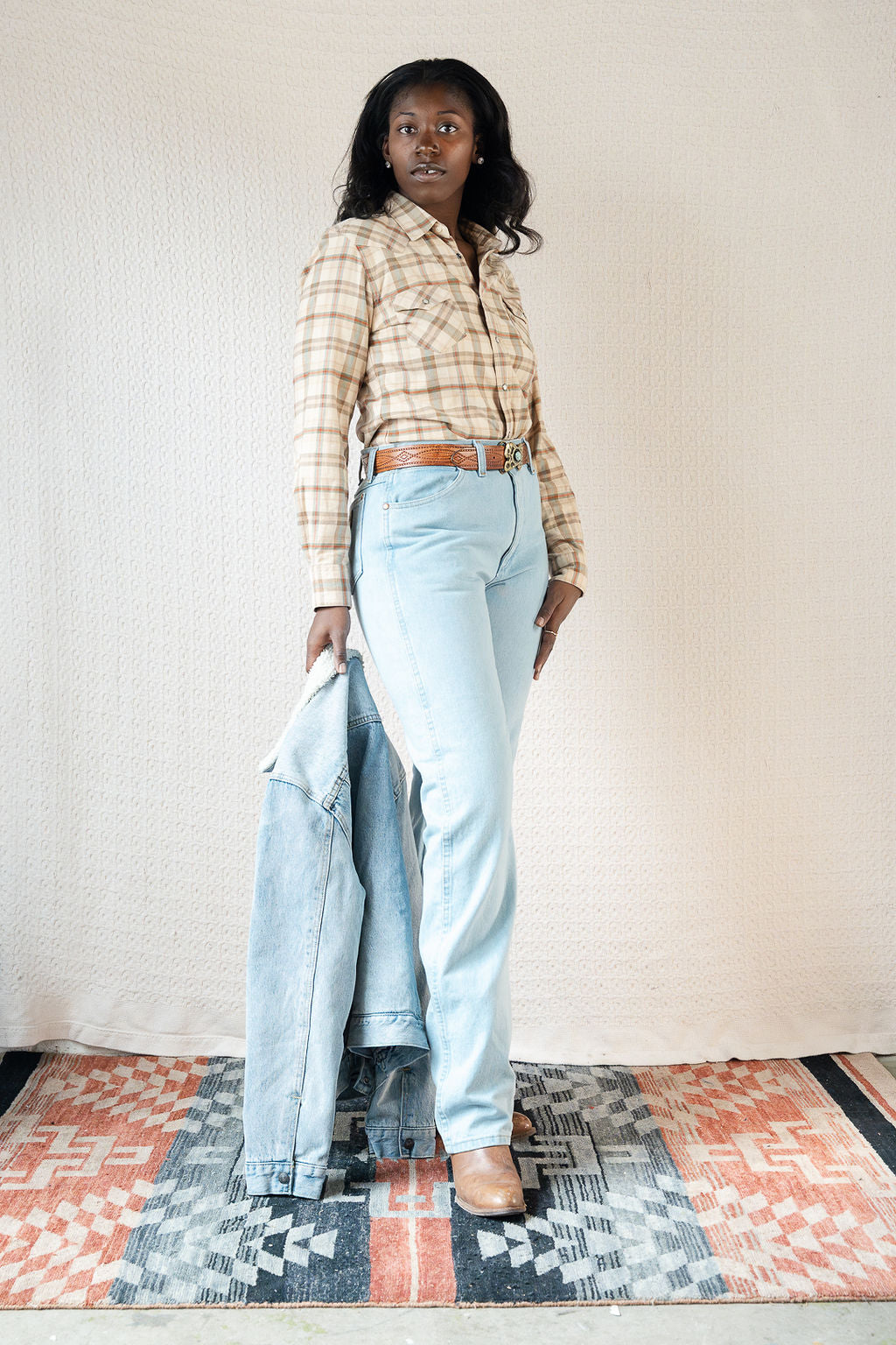 Ralph Lauren Blue Label Cream Plaid Western Pearl Snap