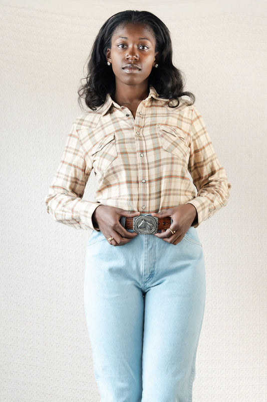 Ralph Lauren Blue Label Cream Plaid Western Pearl Snap