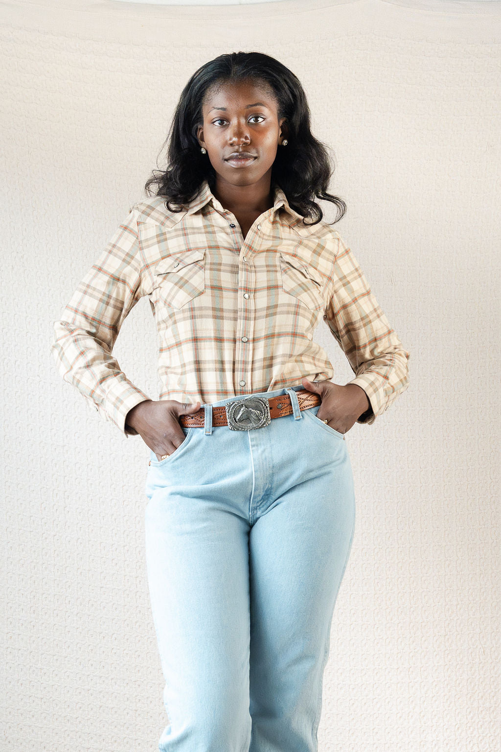 Ralph Lauren Blue Label Cream Plaid Western Pearl Snap