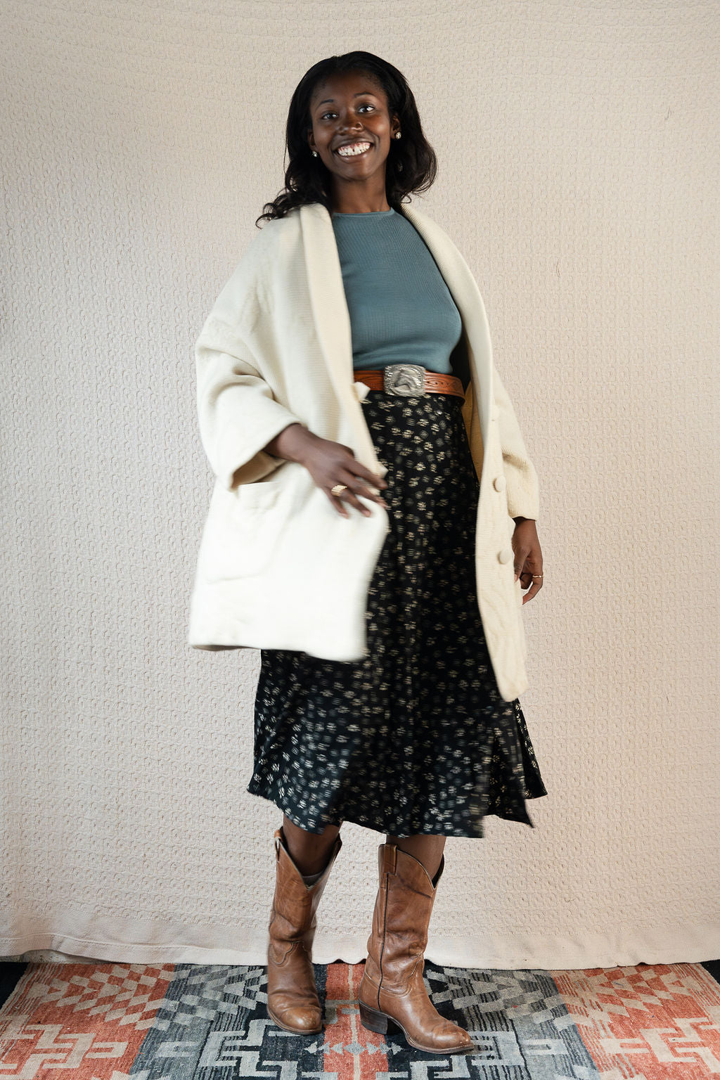 1990's Button Front Flare Skirt w/Floral Print