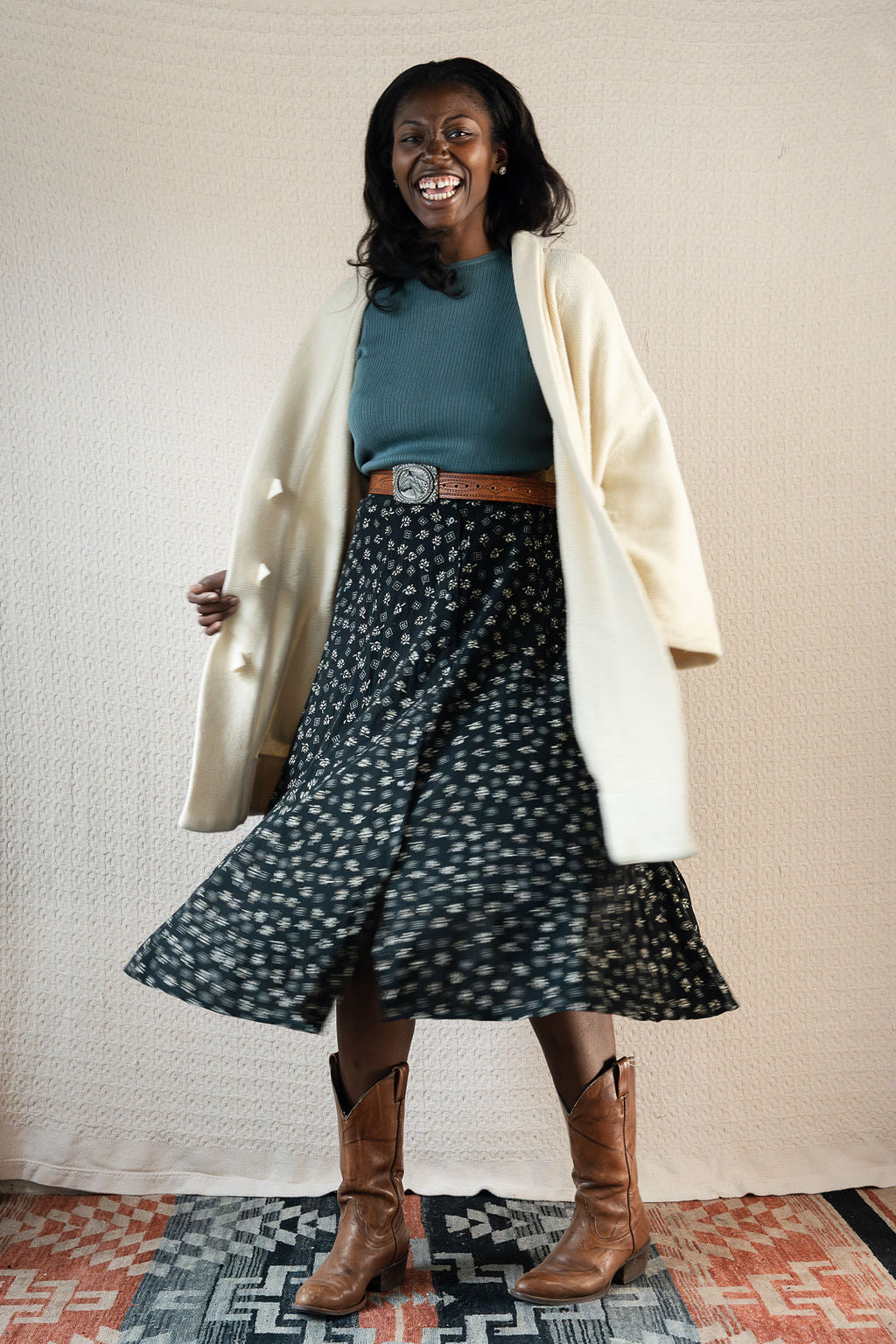 1990's Button Front Flare Skirt w/Floral Print