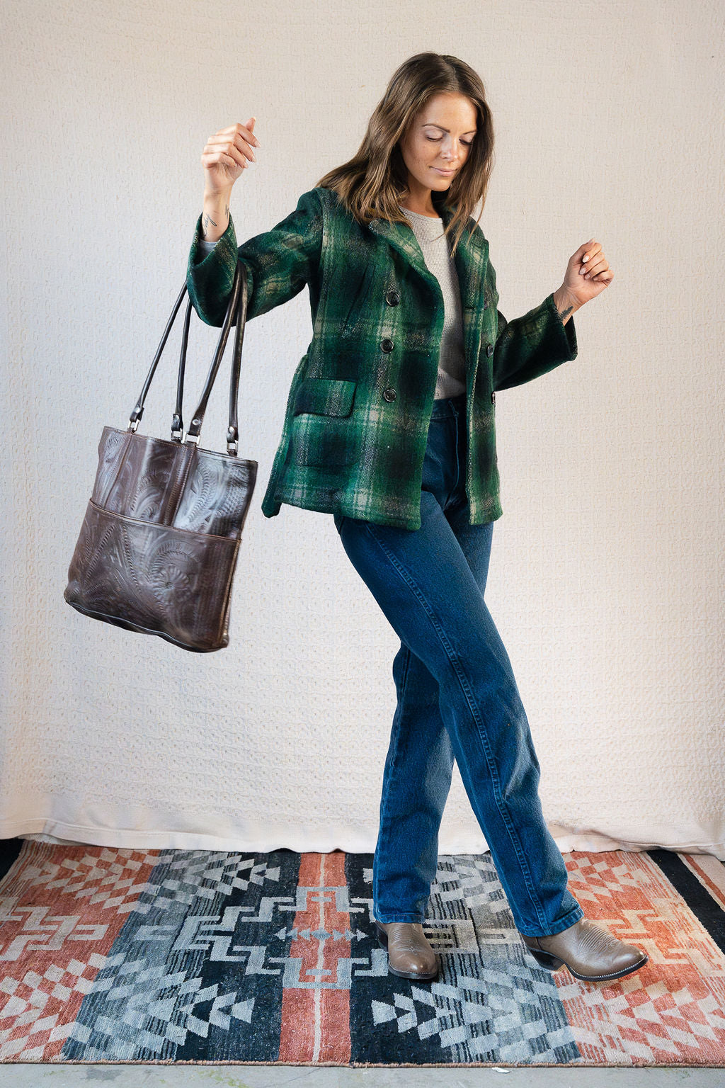 Brown Tooled Leather Tote Bag