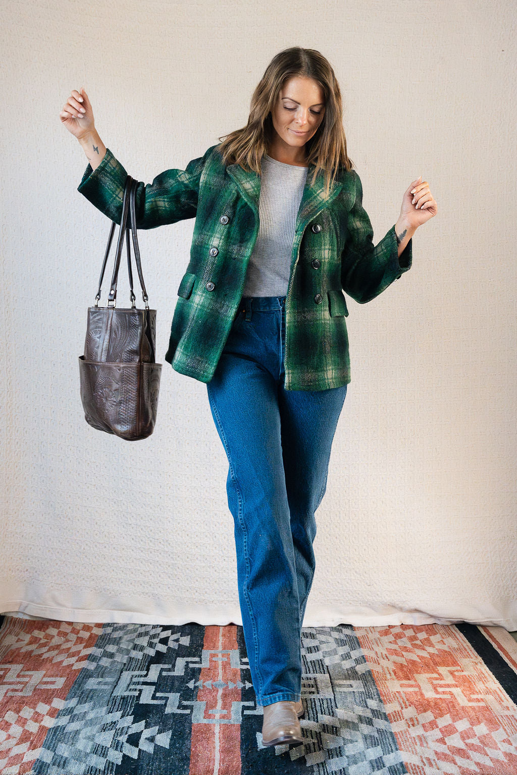 Jim Penney Green Navy Plaid Wool Peacoat