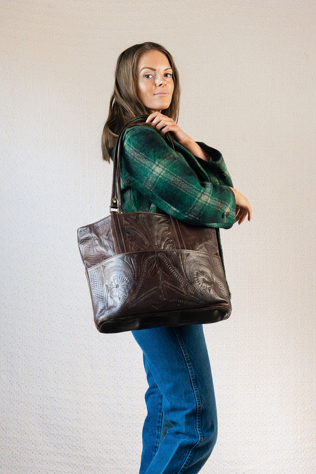 Brown Tooled Leather Tote Bag