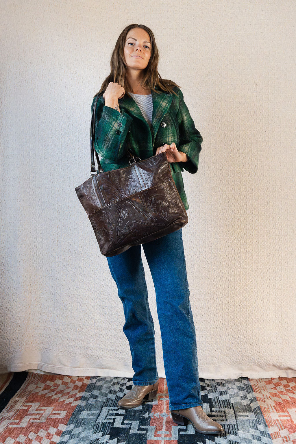 Brown Tooled Leather Tote Bag