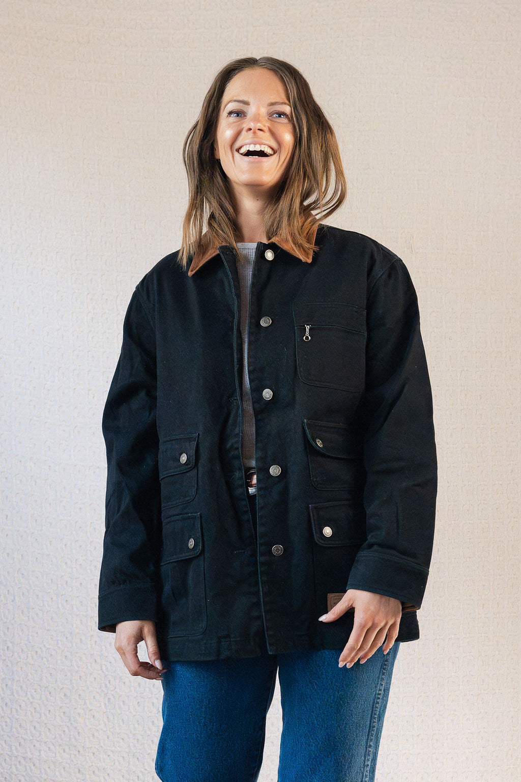 Ralph Lauren Jeans Co. Black Denim Chore Jacket w/Brown Suede Collar